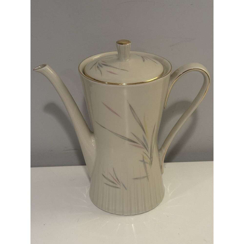Vintage Zeh Scherzer Bavaria Germany Coffee Tea Pot Pastel Leaf Pattern Gold Rim